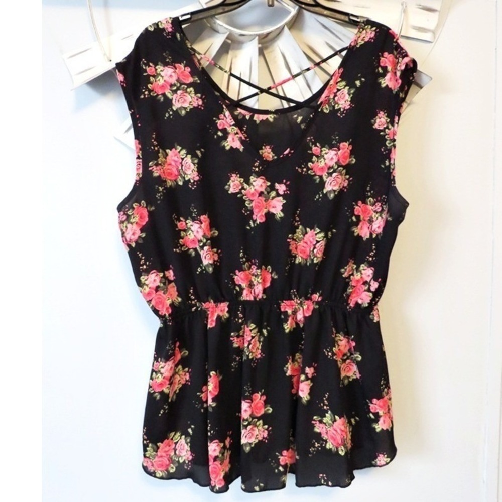 Libian Black Floral Peplum Blouse Crisscross Back Sleeveless Top Peplum Hem - Picture 2 of 8
